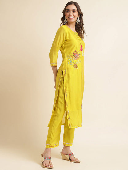 Women Yellow & Pink Floral Embroidered Sequinned Kurta With Trousers & Dupatta - Buy Best Ethnic Wear for Women & Girls | Daily Woman - 