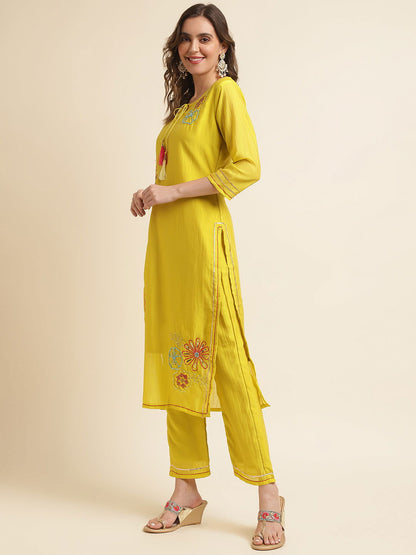 Women Yellow & Pink Floral Embroidered Sequinned Kurta With Trousers & Dupatta - Buy Best Ethnic Wear for Women & Girls | Daily Woman - 