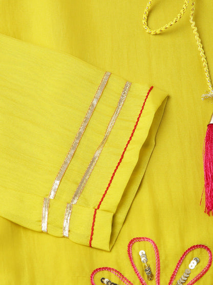 Women Yellow & Pink Floral Embroidered Sequinned Kurta With Trousers & Dupatta - Buy Best Ethnic Wear for Women & Girls | Daily Woman - 