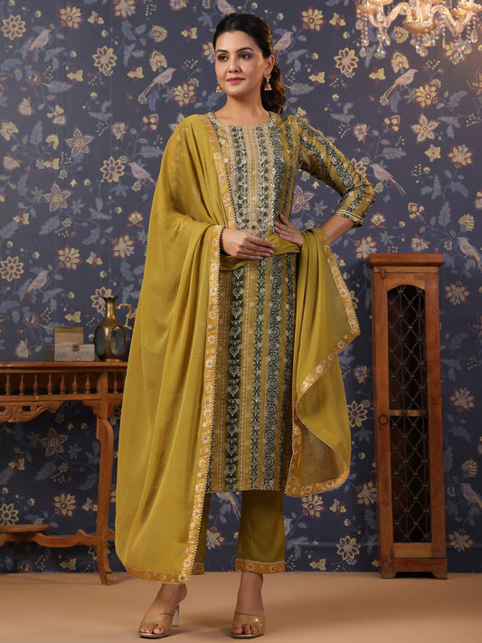 Woven Design Mirror Work Straight Kurta With Trouser & Dupatta - Buy Best Ethnic Wear for Women & Girls | Daily Woman - 