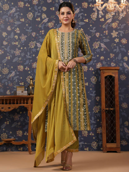 Woven Design Mirror Work Straight Kurta With Trouser & Dupatta - Buy Best Ethnic Wear for Women & Girls | Daily Woman - 