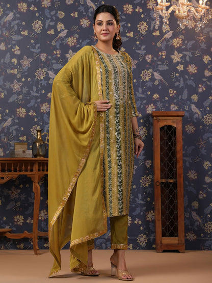 Woven Design Mirror Work Straight Kurta With Trouser & Dupatta - Buy Best Ethnic Wear for Women & Girls | Daily Woman - 