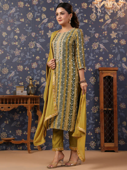 Woven Design Mirror Work Straight Kurta With Trouser & Dupatta - Buy Best Ethnic Wear for Women & Girls | Daily Woman - 
