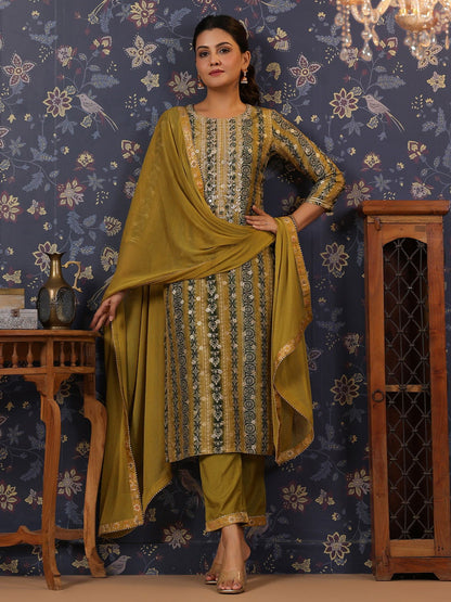 Woven Design Mirror Work Straight Kurta With Trouser & Dupatta - Buy Best Ethnic Wear for Women & Girls | Daily Woman - 