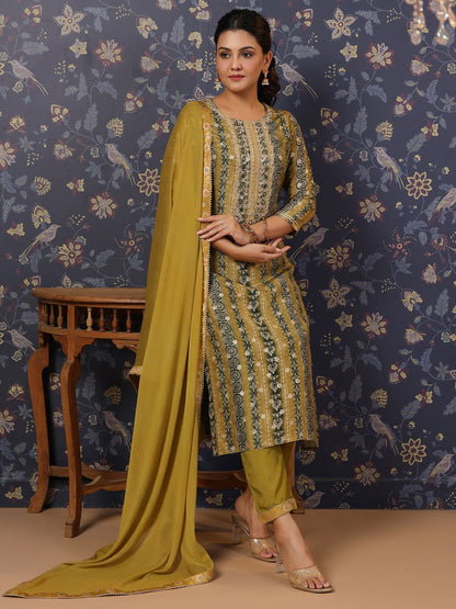 Woven Design Mirror Work Straight Kurta With Trouser & Dupatta - Buy Best Ethnic Wear for Women & Girls | Daily Woman - 