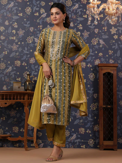 Woven Design Mirror Work Straight Kurta With Trouser & Dupatta - Buy Best Ethnic Wear for Women & Girls | Daily Woman - 