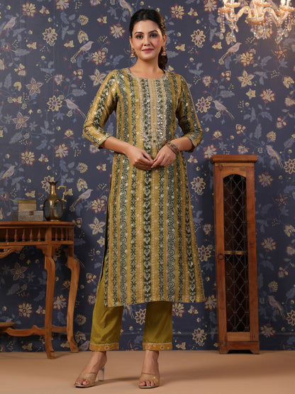 Woven Design Mirror Work Straight Kurta With Trouser & Dupatta - Buy Best Ethnic Wear for Women & Girls | Daily Woman - 