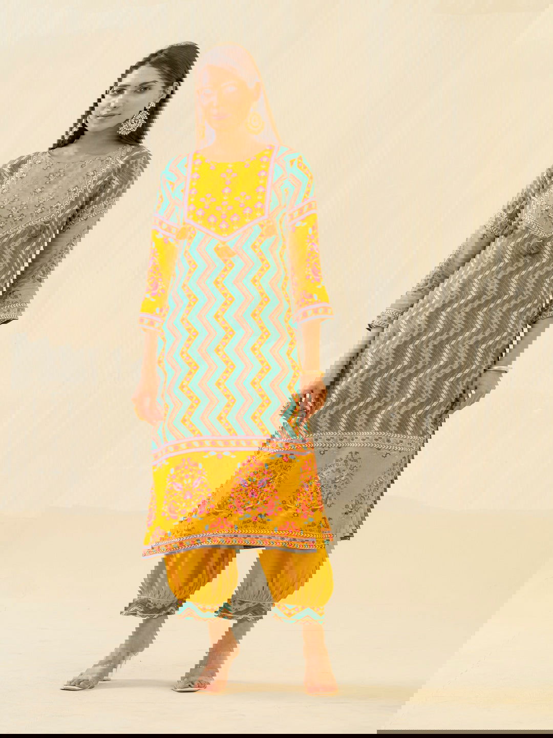 Yellow Chevron Printed Beads and Stones Straight Kurta With Salwar - Buy Best Ethnic Wear for Women & Girls | Daily Woman - 