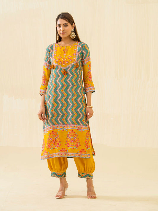 Yellow Chevron Printed Beads and Stones Straight Kurta With Salwar - Buy Best Ethnic Wear for Women & Girls | Daily Woman - 