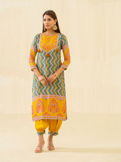 Yellow Chevron Printed Beads and Stones Straight Kurta With Salwar - Buy Best Ethnic Wear for Women & Girls | Daily Woman - 