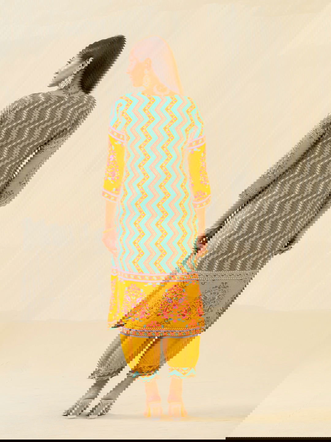 Yellow Chevron Printed Beads and Stones Straight Kurta With Salwar - Buy Best Ethnic Wear for Women & Girls | Daily Woman - 