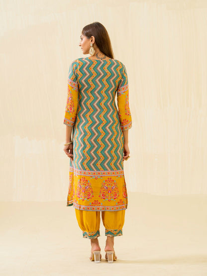 Yellow Chevron Printed Beads and Stones Straight Kurta With Salwar - Buy Best Ethnic Wear for Women & Girls | Daily Woman - 