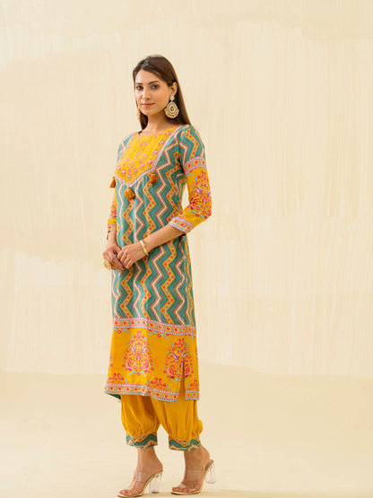 Yellow Chevron Printed Beads and Stones Straight Kurta With Salwar - Buy Best Ethnic Wear for Women & Girls | Daily Woman - 