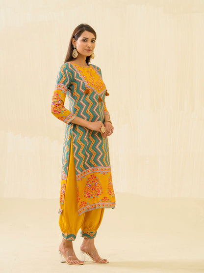 Yellow Chevron Printed Beads and Stones Straight Kurta With Salwar - Buy Best Ethnic Wear for Women & Girls | Daily Woman - 