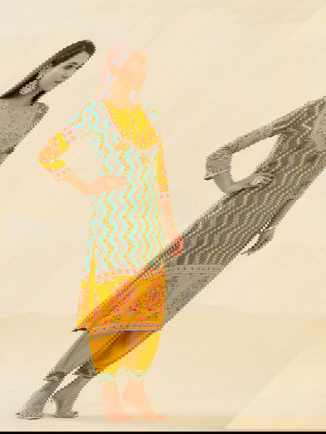Yellow Chevron Printed Beads and Stones Straight Kurta With Salwar - Buy Best Ethnic Wear for Women & Girls | Daily Woman - 