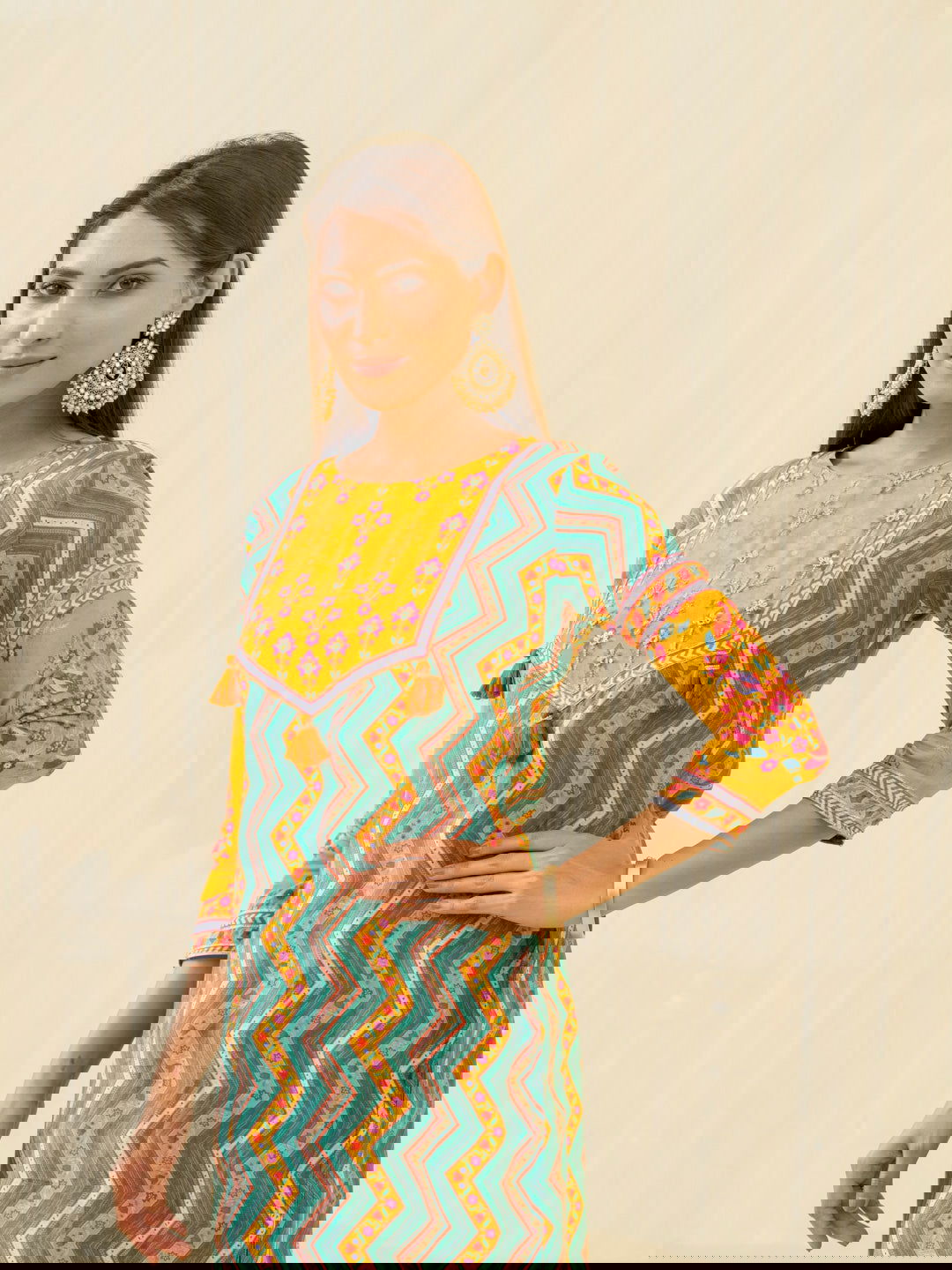 Yellow Chevron Printed Beads and Stones Straight Kurta With Salwar - Buy Best Ethnic Wear for Women & Girls | Daily Woman - 