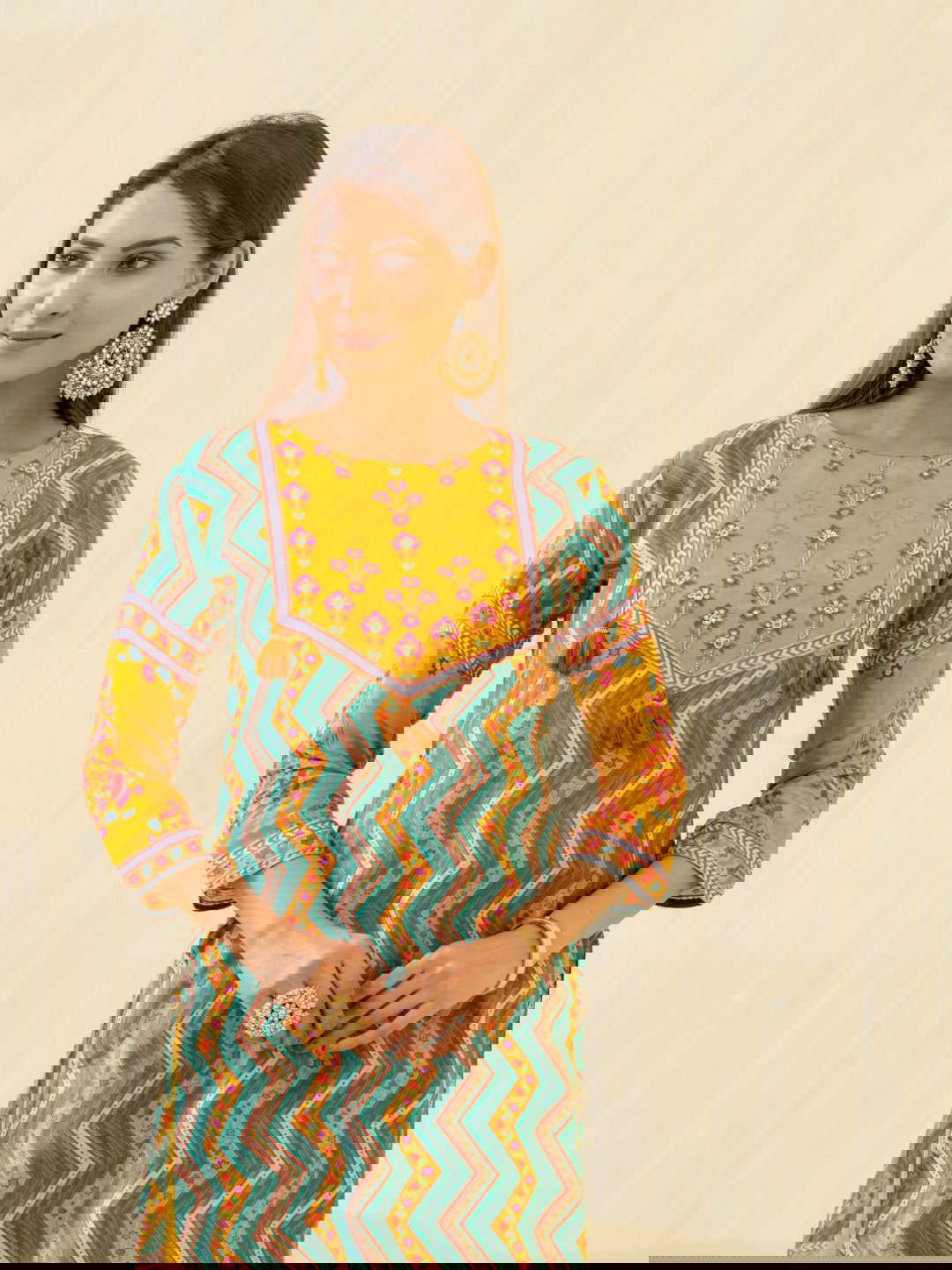 Yellow Chevron Printed Beads and Stones Straight Kurta With Salwar - Buy Best Ethnic Wear for Women & Girls | Daily Woman - 
