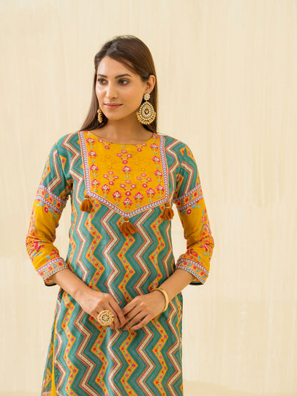 Yellow Chevron Printed Beads and Stones Straight Kurta With Salwar - Buy Best Ethnic Wear for Women & Girls | Daily Woman - 
