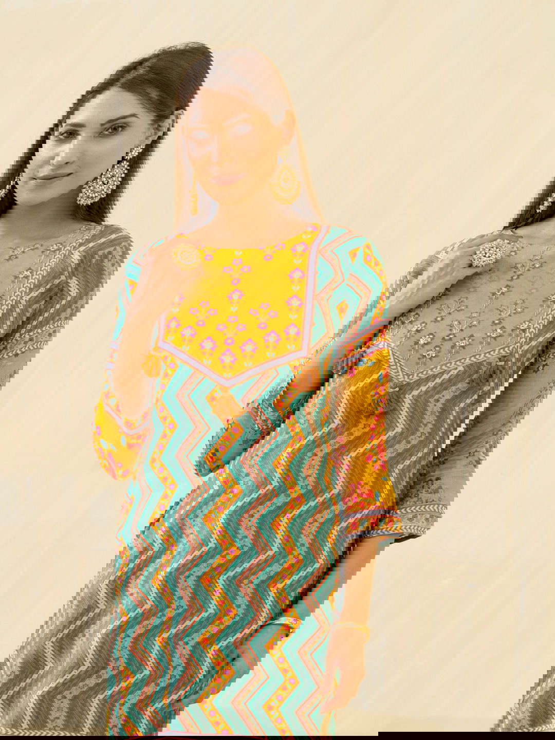 Yellow Chevron Printed Beads and Stones Straight Kurta With Salwar - Buy Best Ethnic Wear for Women & Girls | Daily Woman - 