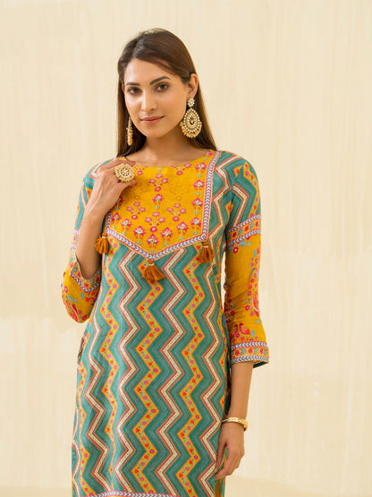 Yellow Chevron Printed Beads and Stones Straight Kurta With Salwar - Buy Best Ethnic Wear for Women & Girls | Daily Woman - 