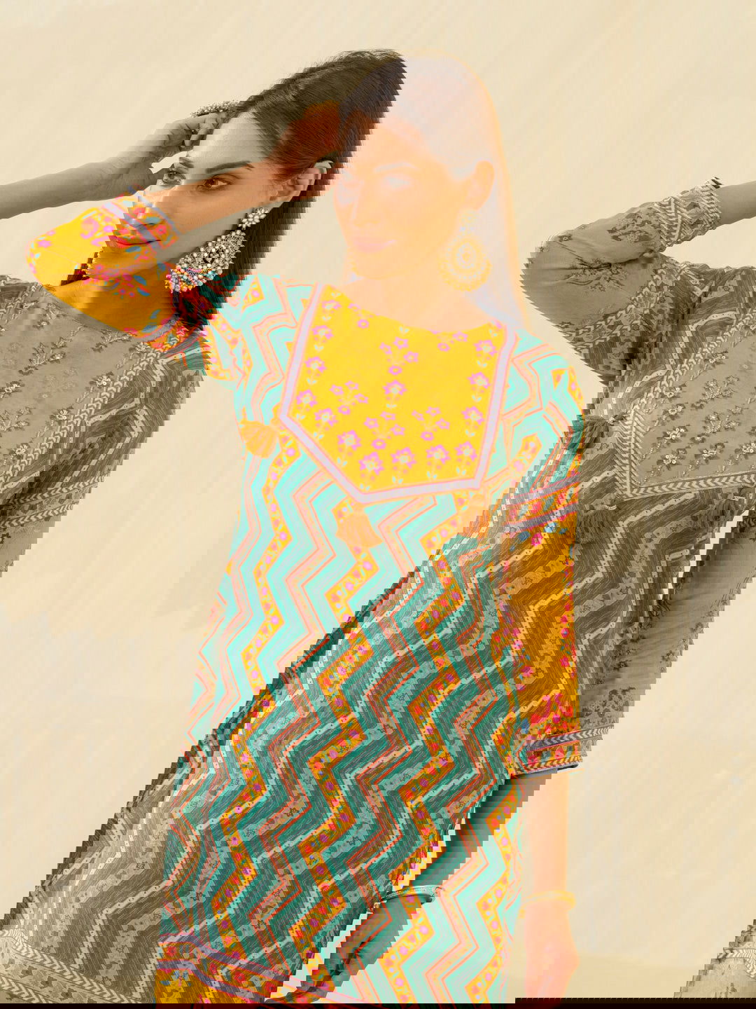 Yellow Chevron Printed Beads and Stones Straight Kurta With Salwar - Buy Best Ethnic Wear for Women & Girls | Daily Woman - 