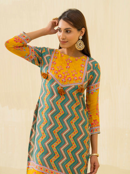 Yellow Chevron Printed Beads and Stones Straight Kurta With Salwar - Buy Best Ethnic Wear for Women & Girls | Daily Woman - 
