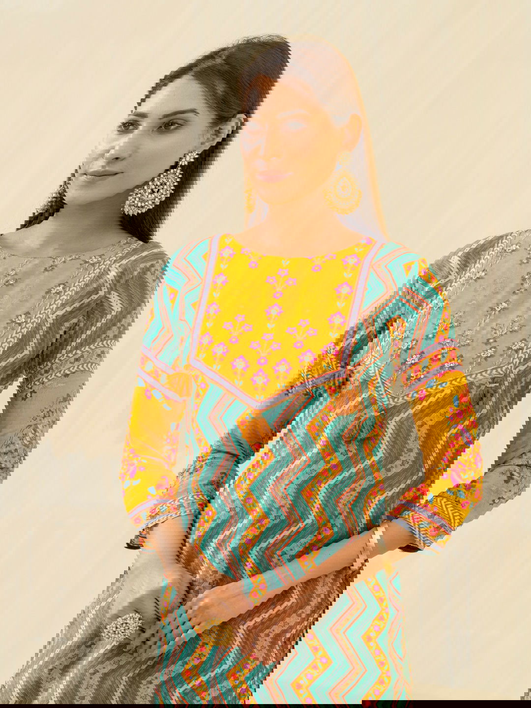 Yellow Chevron Printed Beads and Stones Straight Kurta With Salwar - Buy Best Ethnic Wear for Women & Girls | Daily Woman - 