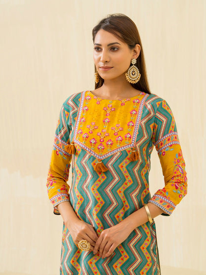 Yellow Chevron Printed Beads and Stones Straight Kurta With Salwar - Buy Best Ethnic Wear for Women & Girls | Daily Woman - 