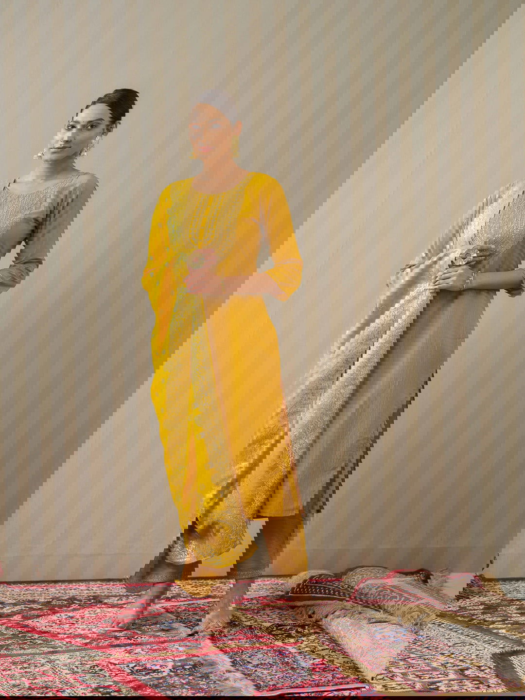 Yellow Ethnic Motifs Straight Kurta & Trousers With Dupatta - Buy Best Ethnic Wear for Women & Girls | Daily Woman - 
