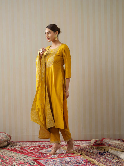 Yellow Ethnic Motifs Straight Kurta & Trousers With Dupatta - Buy Best Ethnic Wear for Women & Girls | Daily Woman - 