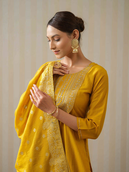 Yellow Ethnic Motifs Straight Kurta & Trousers With Dupatta - Buy Best Ethnic Wear for Women & Girls | Daily Woman - 