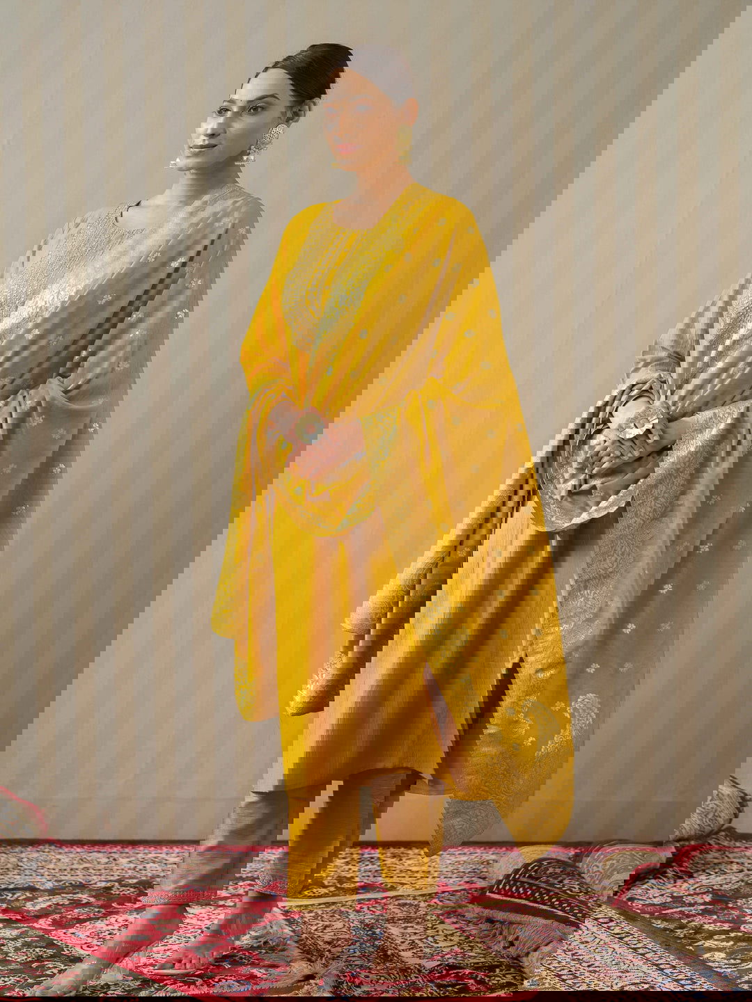 Yellow Ethnic Motifs Straight Kurta & Trousers With Dupatta - Buy Best Ethnic Wear for Women & Girls | Daily Woman - 