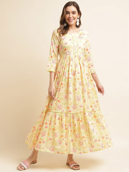 Yellow Flared Embroidered Empire Ethnic Dresses - Buy Best Ethnic Wear for Women & Girls | Daily Woman - 