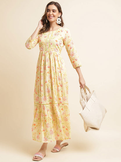 Yellow Flared Embroidered Empire Ethnic Dresses - Buy Best Ethnic Wear for Women & Girls | Daily Woman - 
