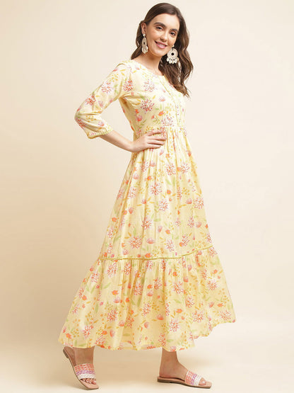 Yellow Flared Embroidered Empire Ethnic Dresses - Buy Best Ethnic Wear for Women & Girls | Daily Woman - 