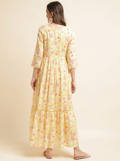 Yellow Flared Embroidered Empire Ethnic Dresses - Buy Best Ethnic Wear for Women & Girls | Daily Woman - 