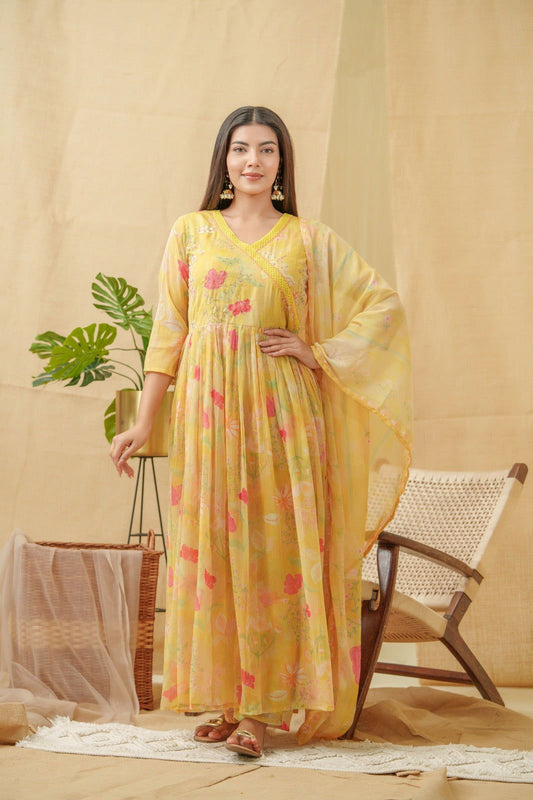 Yellow Floral Printed Angrakha A-Line Kurta With Palazzos & Dupatta - Buy Best Ethnic Wear for Women & Girls | Daily Woman - 
