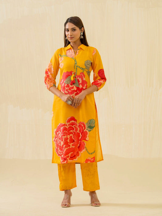 Yellow Floral Printed Shirt Collar Straight Kurta & Trouser - Buy Best Ethnic Wear for Women & Girls | Daily Woman - 