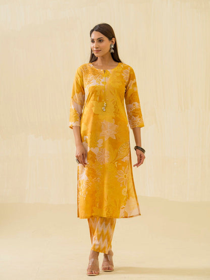 Yellow Floral Printed Tie-Up Neck Kurta With Trousers - Buy Best Ethnic Wear for Women & Girls | Daily Woman - 