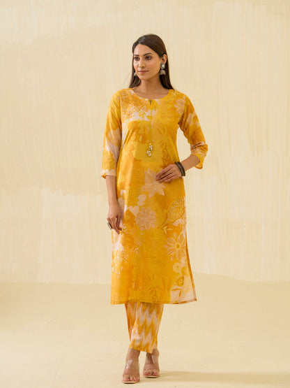 Yellow Floral Printed Tie-Up Neck Kurta With Trousers - Buy Best Ethnic Wear for Women & Girls | Daily Woman - 