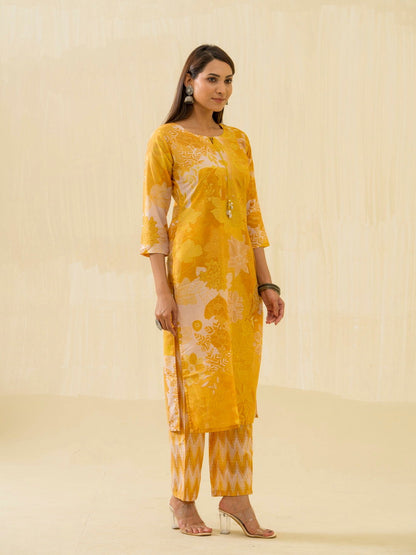Yellow Floral Printed Tie-Up Neck Kurta With Trousers - Buy Best Ethnic Wear for Women & Girls | Daily Woman - 