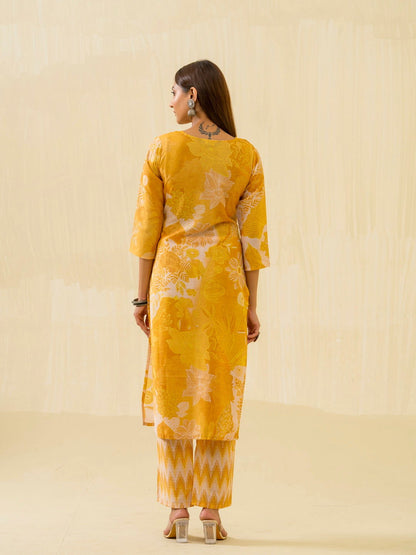 Yellow Floral Printed Tie-Up Neck Kurta With Trousers - Buy Best Ethnic Wear for Women & Girls | Daily Woman - 