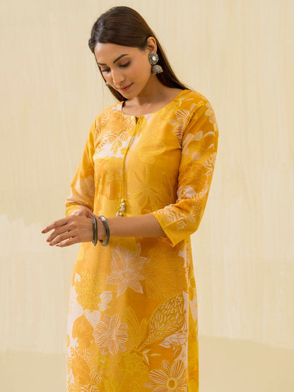 Yellow Floral Printed Tie-Up Neck Kurta With Trousers - Buy Best Ethnic Wear for Women & Girls | Daily Woman - 