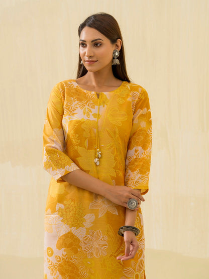 Yellow Floral Printed Tie-Up Neck Kurta With Trousers - Buy Best Ethnic Wear for Women & Girls | Daily Woman - 