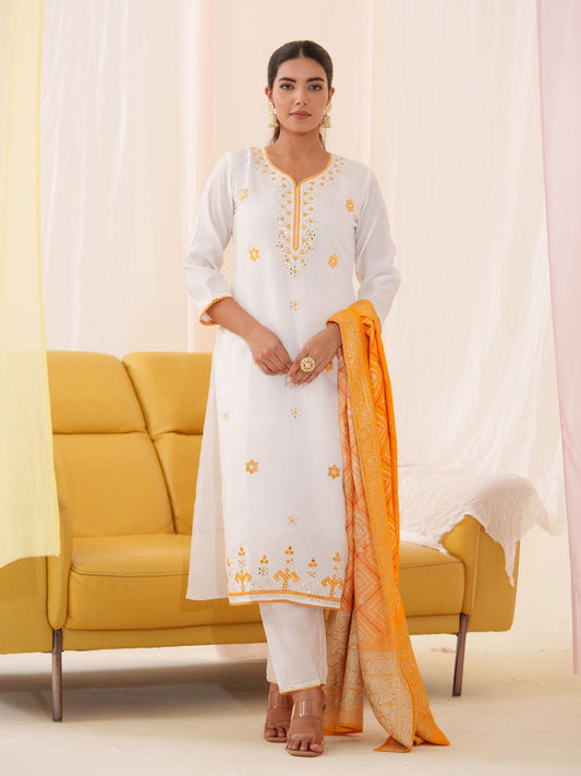 Yellow  Roman Silk Ethnic Motifs Embroidered Kurta With Trousers & Dupatta - Buy Best Ethnic Wear for Women & Girls | Daily Woman - 