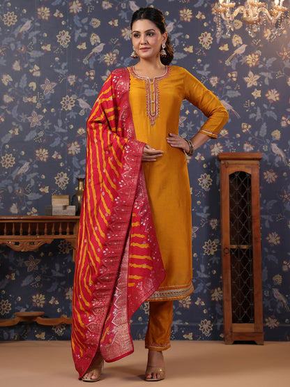 Yellow Thread Work Pure Silk Straight Kurta & Trouser With Dupatta - Buy Best Ethnic Wear for Women & Girls | Daily Woman - 