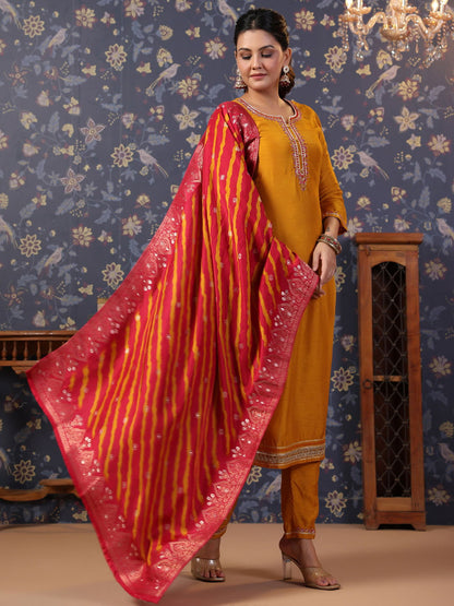 Yellow Thread Work Pure Silk Straight Kurta & Trouser With Dupatta - Buy Best Ethnic Wear for Women & Girls | Daily Woman - 