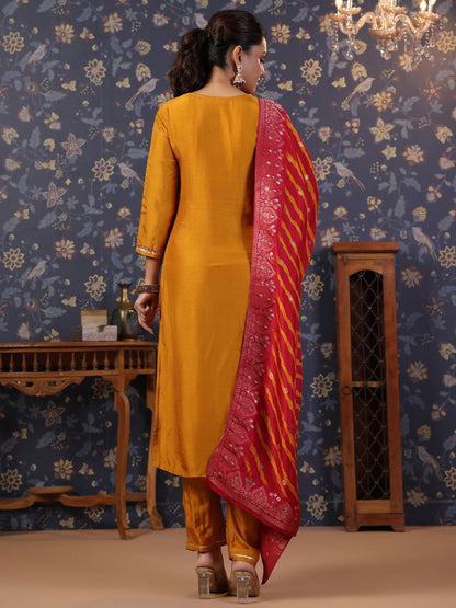 Yellow Thread Work Pure Silk Straight Kurta & Trouser With Dupatta - Buy Best Ethnic Wear for Women & Girls | Daily Woman - 