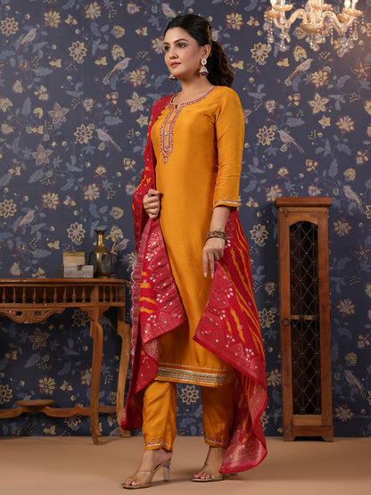 Yellow Thread Work Pure Silk Straight Kurta & Trouser With Dupatta - Buy Best Ethnic Wear for Women & Girls | Daily Woman - 