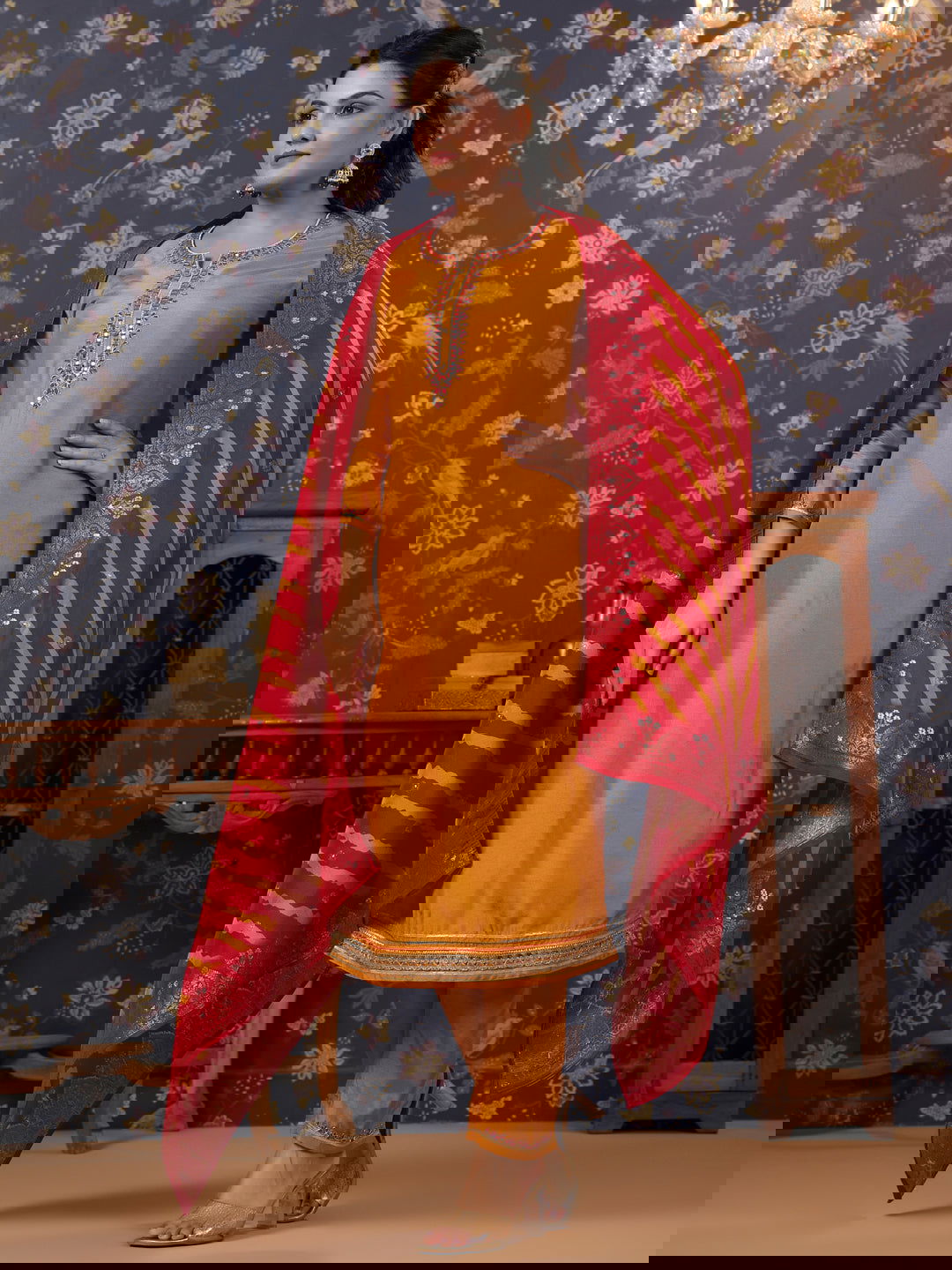 Yellow Thread Work Pure Silk Straight Kurta & Trouser With Dupatta - Buy Best Ethnic Wear for Women & Girls | Daily Woman - 
